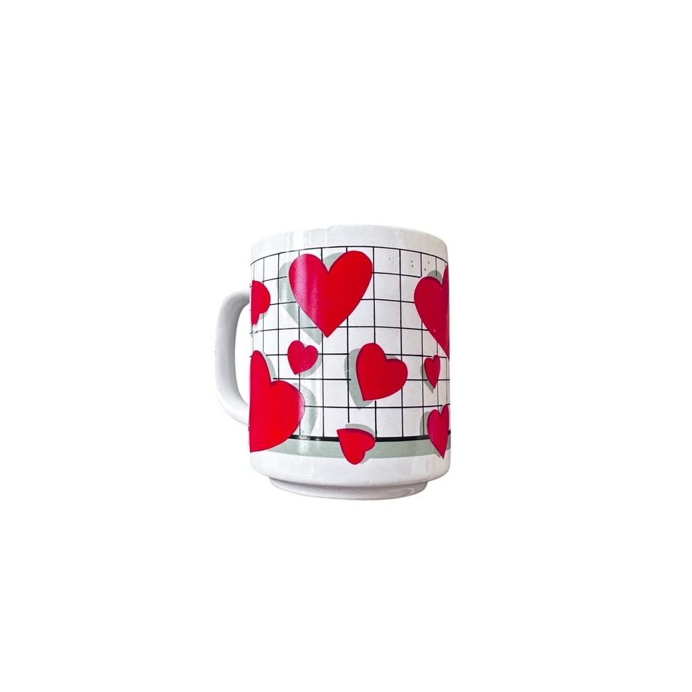 Vintage Six Flags Mug Red Hearts Grid Pattern Retro 80s Theme Park Souvenir